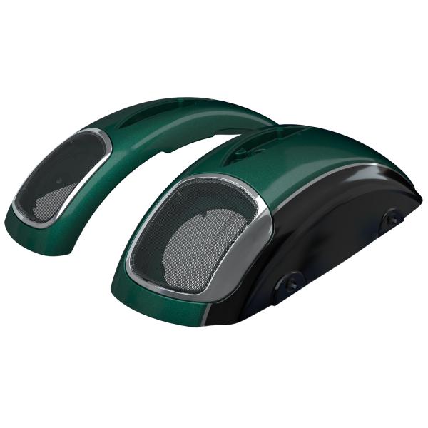 POWERBAND AUDIO - CLASSIC SADDLEBAG SPEAKER LIDS - METALLIC JADE GREEN & THUNDER BLACK