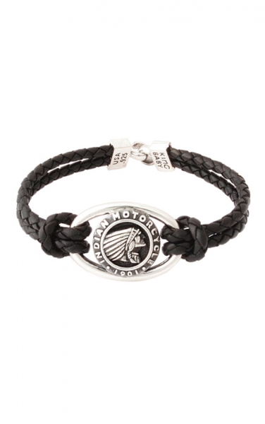 Double Black Leather Braid Bracelet with Indian Icon and Hook Clasp