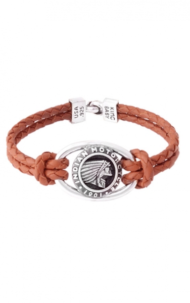 Double Brown Leather Braid Bracelet mit Indian Icon und Hakenverschluss