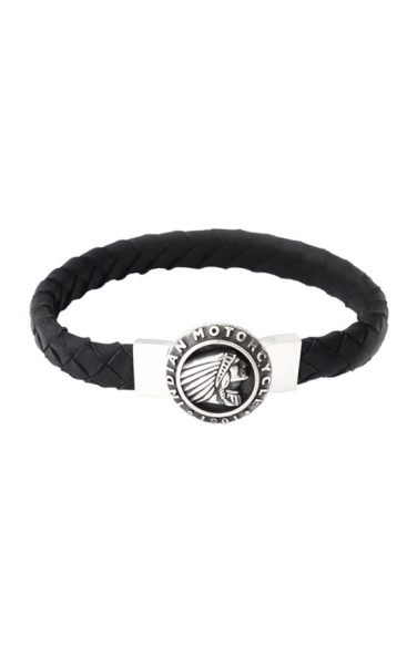 Thick Black Braided Leather Bracelet mit Indian Headdress Icon Verschluss